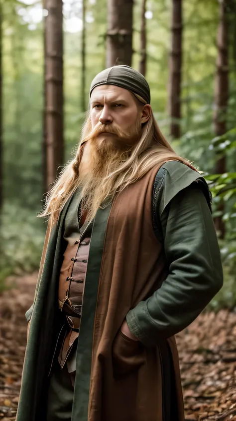 Viking with long blond hair, long beard and mustache. serious look. dressed in old clothes, medieval. Clothes made with natural products. Inside a forest full of flowers and mushrooms.
