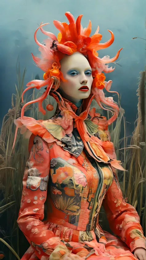 Tim Walker inspired, fashion photography, foreground, whimsical settings, surreal elements, creative storytelling, vibrant colors, (detailed face:1.05), hyperrealistic, Photorealistic