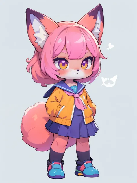 Female hairy purple fox , orelhas de raposa, cauda de raposa , quadris largos , Corpo Pele Branca, SIMPLE BACKGROUND , corpo inteiro, standing, chibi. (Estilo Cyberpunk), ( masterpiece , alta qualidade , melhor qualidade, 8k, High resolution), ((estilo c...