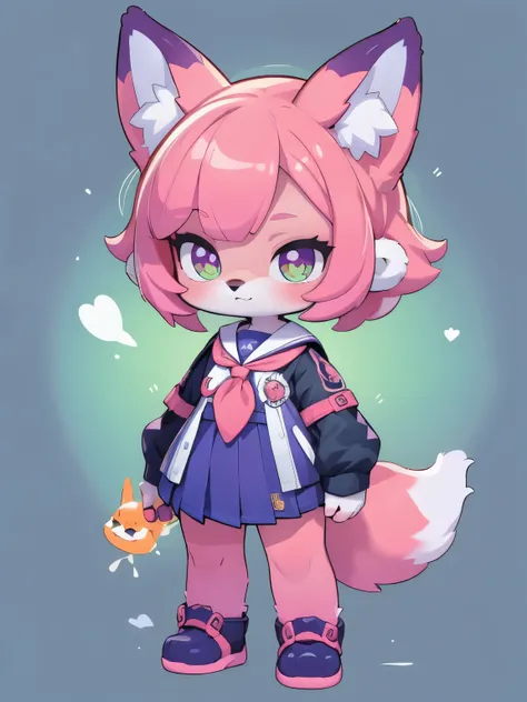 Female hairy purple fox , orelhas de raposa, cauda de raposa , quadris largos , Corpo Pele Branca, SIMPLE BACKGROUND , corpo inteiro, standing, chibi. (Estilo Cyberpunk), ( masterpiece , alta qualidade , melhor qualidade, 8k, High resolution), ((estilo c...