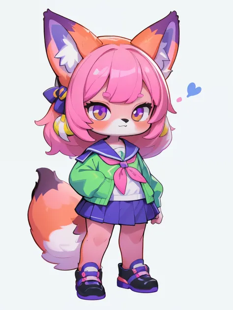 Female hairy purple fox , orelhas de raposa, cauda de raposa , quadris largos , Corpo Pele Branca, SIMPLE BACKGROUND , corpo inteiro, standing, chibi. (Estilo Cyberpunk), ( masterpiece , alta qualidade , melhor qualidade, 8k, High resolution), ((estilo c...