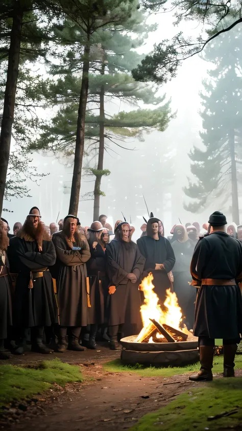 Viking funeral in a forest.