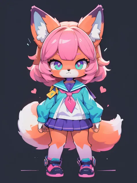 Female hairy purple fox , orelhas de raposa, cauda de raposa , quadris largos , Corpo Pele Branca, SIMPLE BACKGROUND , corpo inteiro, standing, chibi. (Estilo Cyberpunk), ( masterpiece , alta qualidade , melhor qualidade, 8k, High resolution), ((estilo c...
