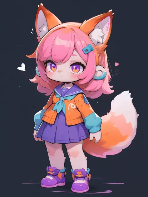 Female hairy purple fox , orelhas de raposa, cauda de raposa , quadris largos , Corpo Pele Branca, SIMPLE BACKGROUND , corpo inteiro, standing, chibi. (Estilo Cyberpunk), ( masterpiece , alta qualidade , melhor qualidade, 8k, High resolution), ((estilo c...