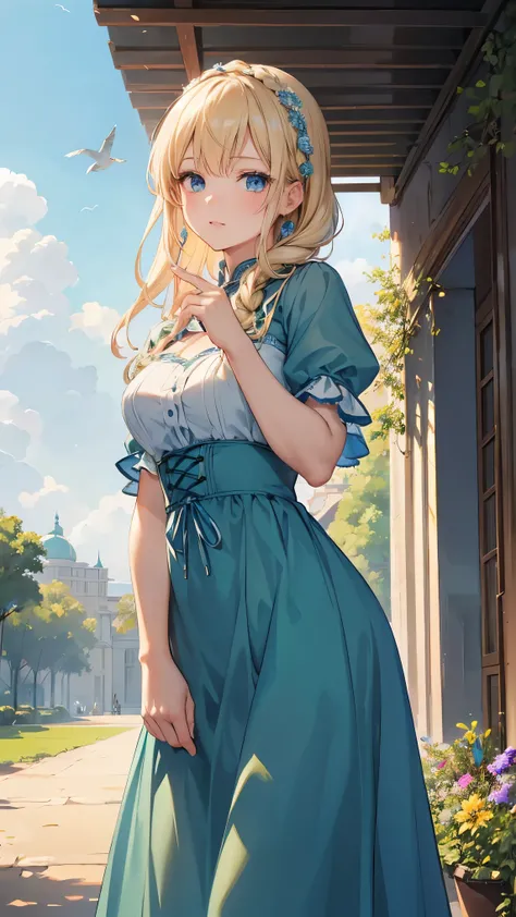 masterpiece, Highest Quality, very well detailed, 16k, Ultra High Definition, Cowboy Shot, detailed face, perfect fingers, 1 woman, , blue eyes, blonde, braiding, Royal Palace, garden, , A green and white dress with birds drawn on it