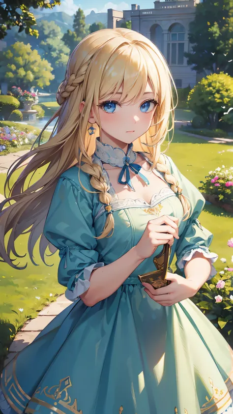 masterpiece, Highest Quality, very well detailed, 16k, Ultra High Definition, Cowboy Shot, detailed face, perfect fingers, 1 woman, , blue eyes, blonde, braiding, Royal Palace, garden, , A green and white dress with birds drawn on it
