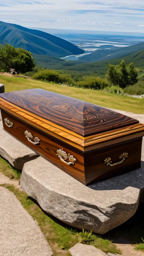 wooden coffin with Viking engravings. On a smooth rock. on a mountain.