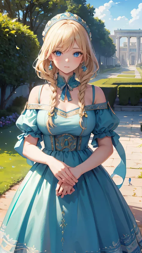 masterpiece, Highest Quality, very well detailed, 16k, Ultra High Definition, Cowboy Shot, detailed face, perfect fingers, 1 woman, , blue eyes, blonde, braiding, Royal Palace, garden, , A green and white dress with birds drawn on it