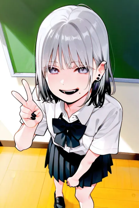 Fuzuki_Fuuro,1girl, solo,front view, silver hair,mullet hairstyle,wolf cut, tousled, fluffy, airy texture, natural movement, white school shirt, large black bow tie at the collar, black pleated skirt, japanese high school uniform, loafers, bare legs, no so...