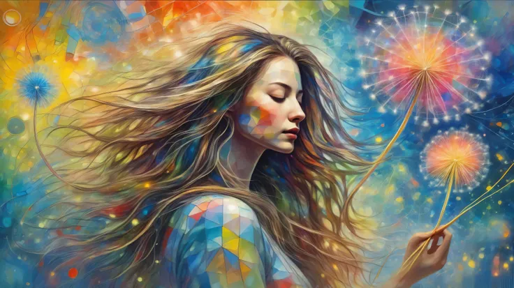 A young woman with long flowing hair stands in a field of bioluminescent dandelions, sketching an abstract expressionist painting with dynamic fluid shapes and vibrant neon tones. The artwork blends chaotic textures and forms, capturing an energetic yet se...
