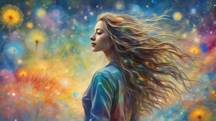 A young woman with long flowing hair stands in a field of bioluminescent dandelions, sketching an abstract expressionist painting with dynamic fluid shapes and vibrant neon tones. The artwork blends chaotic textures and forms, capturing an energetic yet se...
