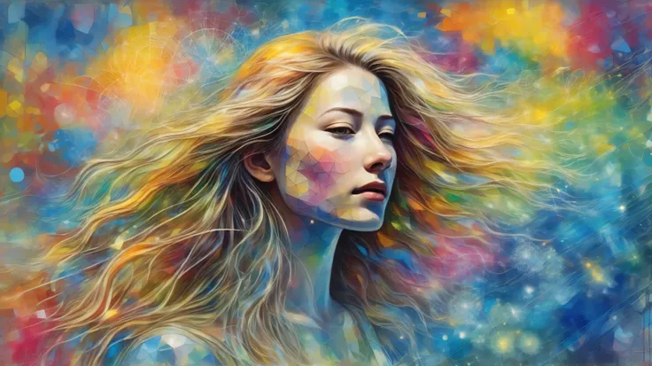 A young woman with long flowing hair stands in a field of bioluminescent dandelions, sketching an abstract expressionist painting with dynamic fluid shapes and vibrant neon tones. The artwork blends chaotic textures and forms, capturing an energetic yet se...