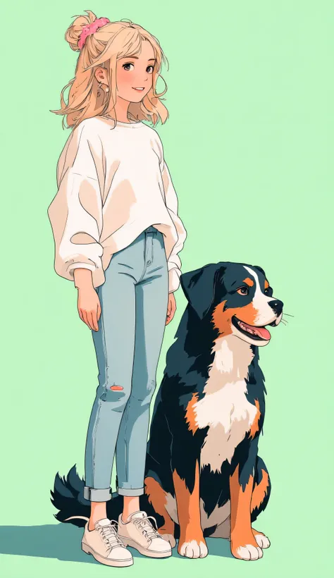 Anime-style illustration, 16:9 wide shot designed for a YouTube end screen. A cheerful 25-year-old woman with soft wavy shoulder-length blonde hair styled in messy bun tied with a soft pink scrunchie stands confidently near the bottom of the frame. She has...