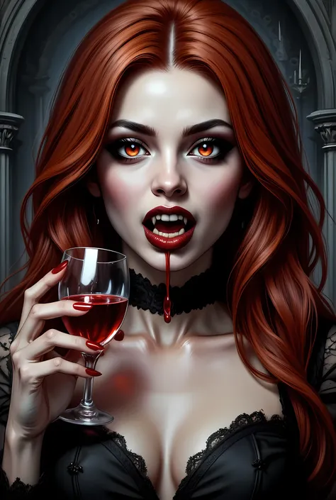 a portrait of a female vampire drinking a ((glass of blood)), red hair, dynamic hair style , long hair, red lips, (glowing eyes), dynamic eye color, dynamic color, she wears, an elegant (black dress), catholic church and altar background, dark fantasy art,...