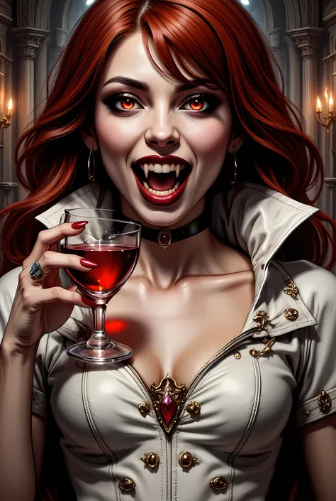 a portrait of a female vampire drinking a ((glass of blood)), red hair, dynamic hair style , long hair, red lips, (glowing eyes), dynamic eye color, dynamic color, she wears, an elegant (white leather dress), catholic church and altar background, dark fant...