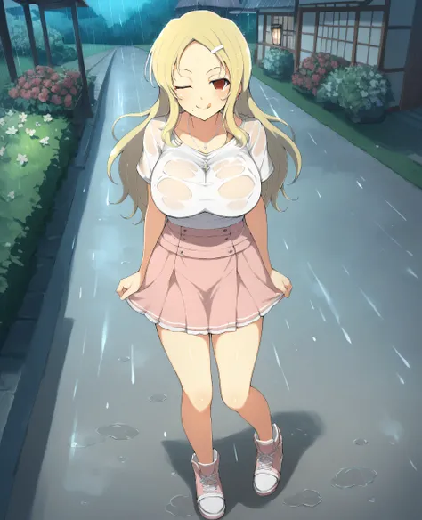 yaegashi nan, masterpiece , best quality, best resolution, highly detailed, Senran Kagura, Shiki_XL, blonde, long hair, red eyes, wink, blush, mole under mouth, smile, tongue, hairclip, large breasts, body blush, BREAK, sandals, white t-shirt, pink mini sk...