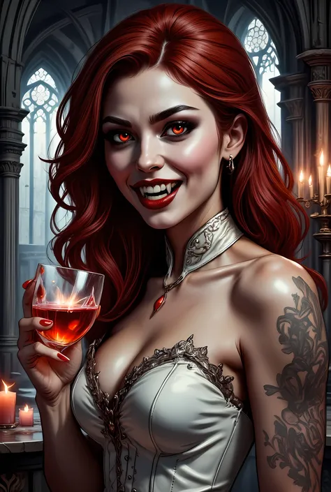 a portrait of a female vampire drinking a ((glass of blood)), red hair, dynamic hair style , long hair, red lips, (glowing eyes), dynamic eye color, dynamic color, she wears, an elegant (white leather dress), catholic church and altar background, dark fant...