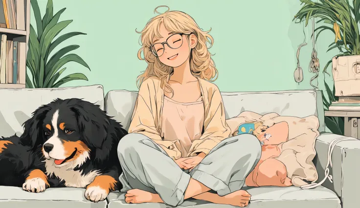 Anime-style illustration, 16:9 wide shot designed for a YouTube end screen. A cheerful 25-year-old blonde woman with soft wavy shoulder-length hair styled in a loose messy bun sits cross-legged on a cozy couch at the bottom of the frame, eyes closed and bi...