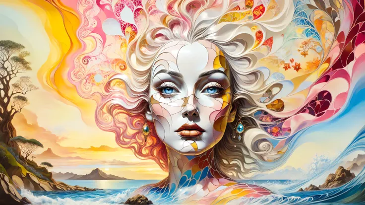 A surreal oil painting inspired by Salvador Dalí, depicting a woman's face merging with nature. Her features are fluid, blending into swirling floral patterns in vibrant pinks, oranges, and yellows. Her ethereal skin is a mix of whites and earth tones, par...