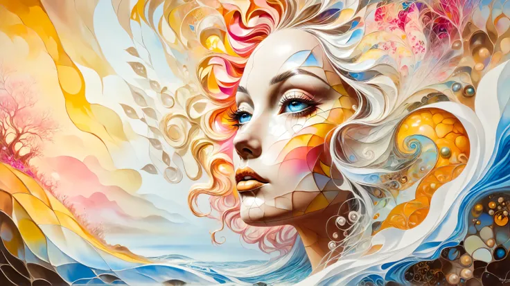 A surreal oil painting inspired by Salvador Dalí, depicting a woman's face merging with nature. Her features are fluid, blending into swirling floral patterns in vibrant pinks, oranges, and yellows. Her ethereal skin is a mix of whites and earth tones, par...