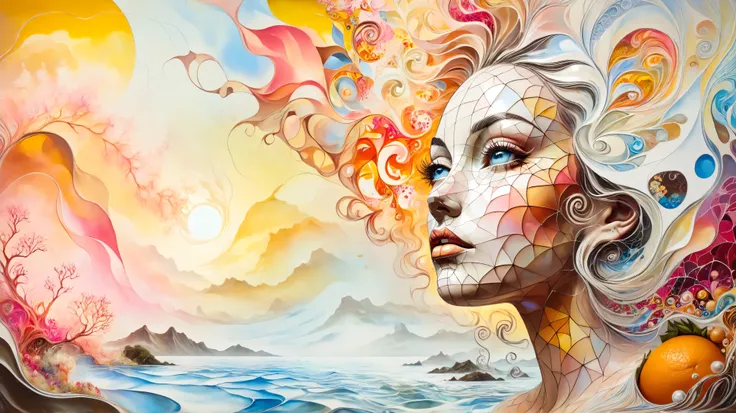 A surreal oil painting inspired by Salvador Dalí, depicting a woman's face merging with nature. Her features are fluid, blending into swirling floral patterns in vibrant pinks, oranges, and yellows. Her ethereal skin is a mix of whites and earth tones, par...