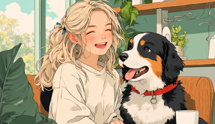 Anime-style illustration, mid-closeup of a cheerful 26-year-old blonde woman with a loose messy bun, light blush, and soft facial features, facing forward with a big warm smile — eyes closed in delight, mouth open slightly in happiness. Sitting beside her ...