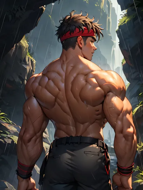 ((masterpiece, best quality, Score_9, Score_8_up, Score_7_up, Score_6_up, Score_5_up)), (((((upper body, back view, back shot, in the cave, rain, Young handsome boy, topless, Shining Body, action:1.2))))), (Gentle expression, smirking, muscler), ((((1boy, ...