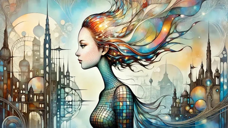 Picture a surreal female profile transforming into a futuristic cityscape, blending fantasy elements with a touch of the surreal. The image is highly detailed, inspired by the works of Catrin Welz-Stein, featuring a delicate balance between human and archi...