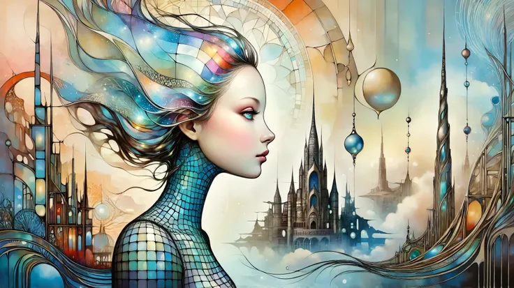 Picture a surreal female profile transforming into a futuristic cityscape, blending fantasy elements with a touch of the surreal. The image is highly detailed, inspired by the works of Catrin Welz-Stein, featuring a delicate balance between human and archi...