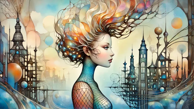 Picture a surreal female profile transforming into a futuristic cityscape, blending fantasy elements with a touch of the surreal. The image is highly detailed, inspired by the works of Catrin Welz-Stein, featuring a delicate balance between human and archi...