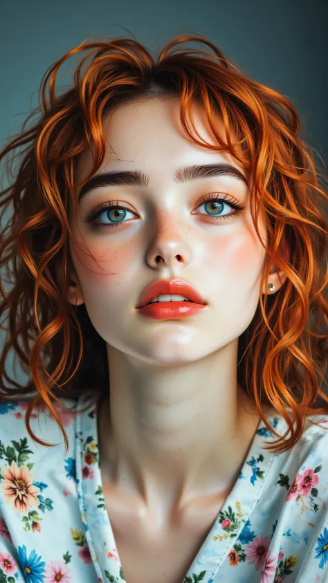 8k, Masterpiece, Top Quality, woman, upper body shot, vibrant red hair, elaborate vintage hairstyle, curls, vibrant red lipstick, light colored eyes, light eye makeup, small stud earring, light blue floral shirt, collar shirt, muted blue background, soft l...