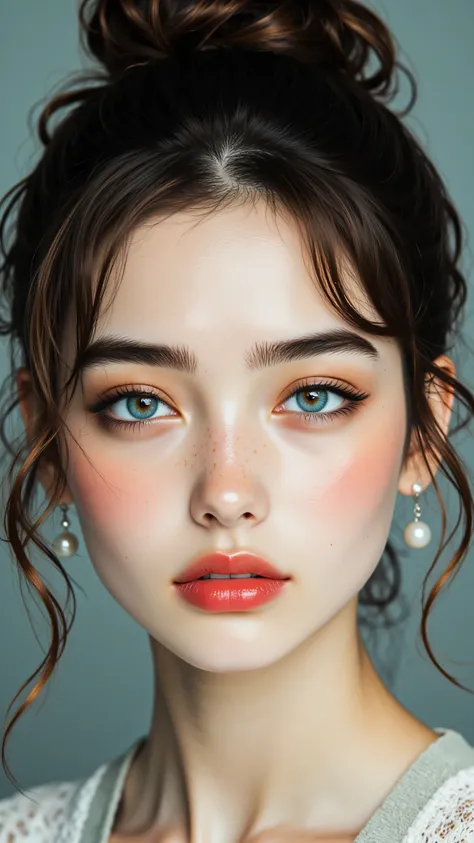 8k, Masterpiece, Top Quality, woman, close-up, brown hair, vintage finger wave hairstyle, pinned updo, vibrant red lipstick, strong winged eyeliner, dark eyebrows, striking blue eyes, small pearl drop earrings, light colored top, small collar, muted teal b...