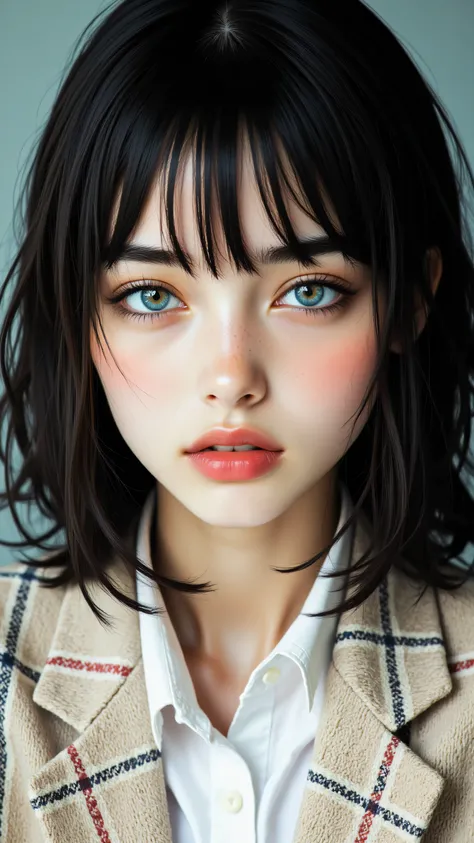 8k, Masterpiece, Top Quality, woman, close-up, dark straight bob haircut, blunt bangs, vibrant red lipstick, bold winged eyeliner, dark eyebrows, striking blue eyes, white button shirt, beige plaid blazer, muted teal background, soft lighting.