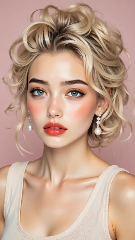8k, Masterpiece, Top Quality, woman, close-up, light blonde hair, elaborate vintage finger wave hairstyle, updo, vibrant red lipstick, strong winged eyeliner, dark eyebrows, striking blue eyes, glamorous pearl and crystal drop earrings, light colored sleev...