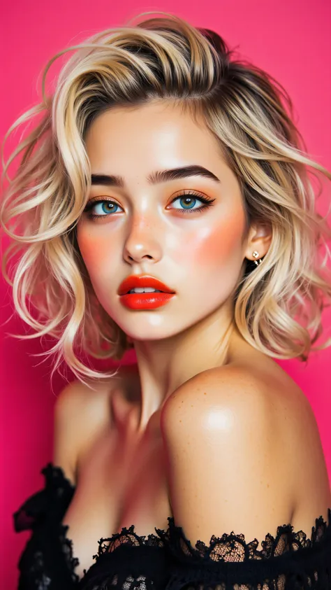 8k, Masterpiece, Top Quality, woman, close-up, blonde hair, large voluminous vintage hairstyle, flipped ends, vibrant orange-red lipstick, bold winged eyeliner, dark eyebrows, striking blue eyes, small stud earrings, off-the-shoulder dress, sweetheart neck...