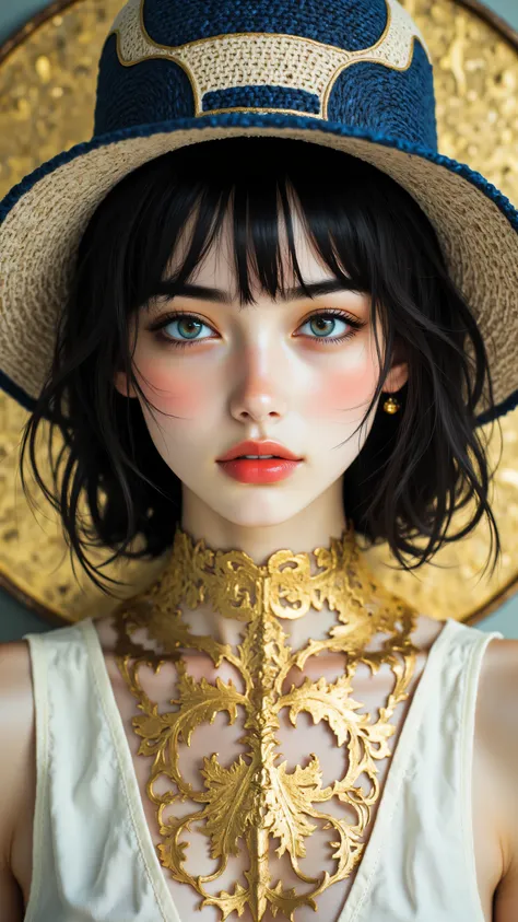 8k, Masterpiece, Top Quality, woman, close-up, dark hair, bangs, structured hat, blue and beige hat, vibrant red lipstick, strong winged eyeliner, dark eyebrows, striking blue eyes, small stud earring, light colored sleeveless top, gold patterned overlay, ...