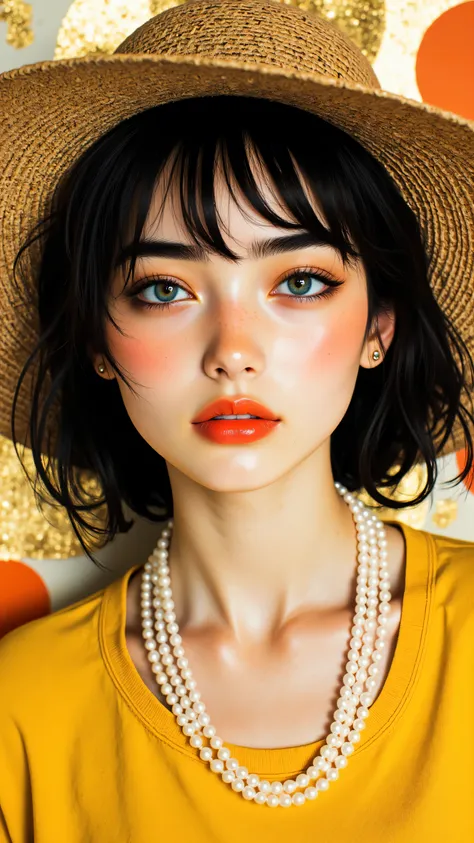 8k, Masterpiece, Top Quality, woman, close-up, dark hair, bangs, wide-brimmed gold hat, vibrant orange-red lipstick, strong winged eyeliner, dark eyebrows, striking blue eyes, small stud earrings, textured multi-strand pearl necklace, vibrant yellow top, r...