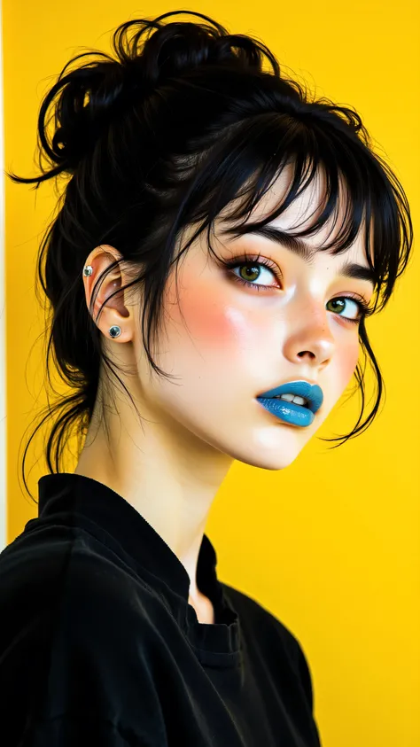 8k, Masterpiece, Top Quality, woman, close-up, looking away, dark hair, vintage updo, bangs, light blue lipstick, bold winged eyeliner, dark eyebrows, green eyes, small stud earrings, black top, structured neckline, bright yellow background, high contrast ...