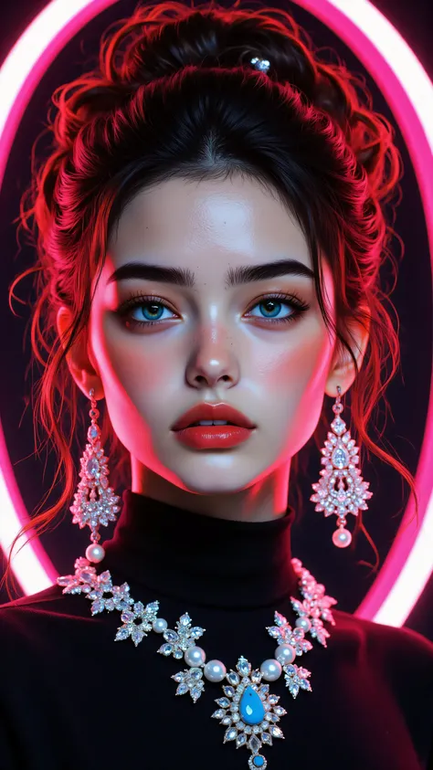 8k, Masterpiece, Top Quality, woman, close-up, brown hair, vintage updo, vibrant red lipstick, bold winged eyeliner, dark eyebrows, striking blue eyes, large diamond and pearl drop earrings, large diamond and pearl necklace, blue gem pendant, black high-ne...