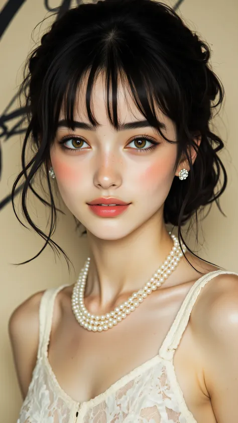 8k, Masterpiece, Top Quality, woman, close-up, subtle smile, dark hair, vintage updo, bangs, subtle eye makeup, light colored eyes, diamond stud earrings, multi-strand pearl necklace, light colored sleeveless dress, beige background, stylized background el...