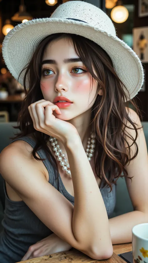 8k, Masterpiece, Top Quality, woman, upper body shot, seated, chin resting on hand, arms crossed, looking away, white hat, wavy brown hair, blue eyes, vibrant red lips, smoky eye makeup, pearl earrings, large pearl necklace, grey dress, cafe setting, blurr...