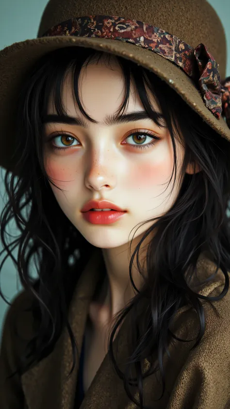 8k, Masterpiece, Top Quality, woman, close-up, dark brown hair, waves, vintage cloche hat, ribbon detail on hat, vibrant red lipstick, winged eyeliner, dark eyebrows, light colored eyes, brown jacket, lapels, muted teal background, soft lighting.