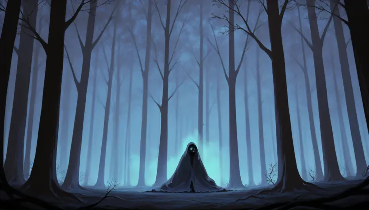 A dense, foggy forest at night, Gnarled, leafless trees with twisted branches create a claustrophobic canopy. Thick fog blankets the ground, obscuring roots and scattered bones. Faint moonlight filters through, casting pale blue and gray hues. The atmosphe...
