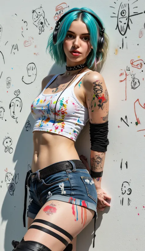 masterpiece, top-quality, 1girl in, solo, croptop, Denim shorts, a choker, (doodle:1.5), Paint Splatter, arms behind back, Hitting a wall, Look at viewers, Armbands, Thigh strap, Paint on the body, tilt of the head, tedium, O cabelo multicolorido, Aqua Ey...