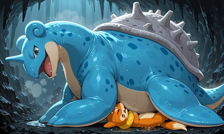giant feral Lapras, small buizel, facesitting, [Lapras:lying on face, giant bulky fat, big fins, massive strong large body, looking down, no foot, no legs, open eyes, evil grin, open mouth, sweaty, steamy breath], [buizel:lying on back, head under body, ve...