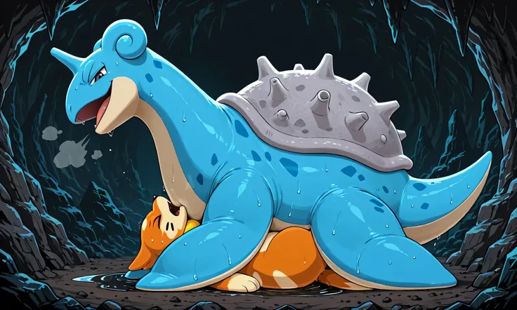giant feral Lapras, small buizel, facesitting, [Lapras:lying on face, giant bulky fat, big fins, massive strong large body, looking down, no foot, no legs, open eyes, evil grin, open mouth, sweaty, steamy breath], [buizel:lying on back, head under body, ve...