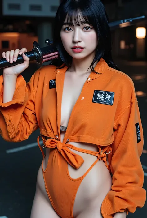 ((((inside the dark spaceship Nostromo:2.0)))),(((HR Gigger-style cyberpunk atmosphere:2.0))),(((Holding a cyberpunk-style orange Japanese sword:2.0))),((full body:2.0)),One woman,(cute face),(Beautiful well-balanced face ),((long hair with bangs:2.0)),(Wa...