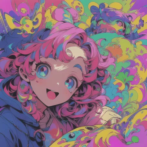 A brightly coloured photograph of a man with a pink wig and a blue hoodie, lsd face, happy trippy mood, lsd trip, trippy mood, tripping on LSD, looks a blend of grimes, new album cover, 🐋 as 🐘 as 🤖 as 👽 as 🐳, hypersaturated, in glitch art Jared forest, loo...