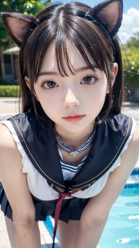 outdoor pool 、 Japanese sailor girl 、 expression staring closely at viewers 、squint、((( outdoor pool )))、in their 40s ((((Close-up face、 face up ))))、in their 40s (( round face、 beautiful skin、 DARK GREEN EYES 、 light blue hair, messy twin tail hair 、...