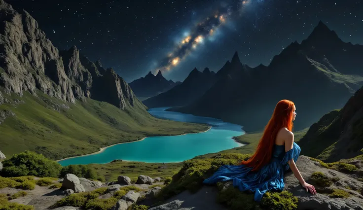 hdr, 4k, night. close up of a beautiful young woman, blue latex dress, necklace around her neck, sitting on a rock, on top of a mountain, long red hair, piercing gaze at the sea, around many mountain peaks, elevations, BREATHTAKING NATURE below a huge rive...